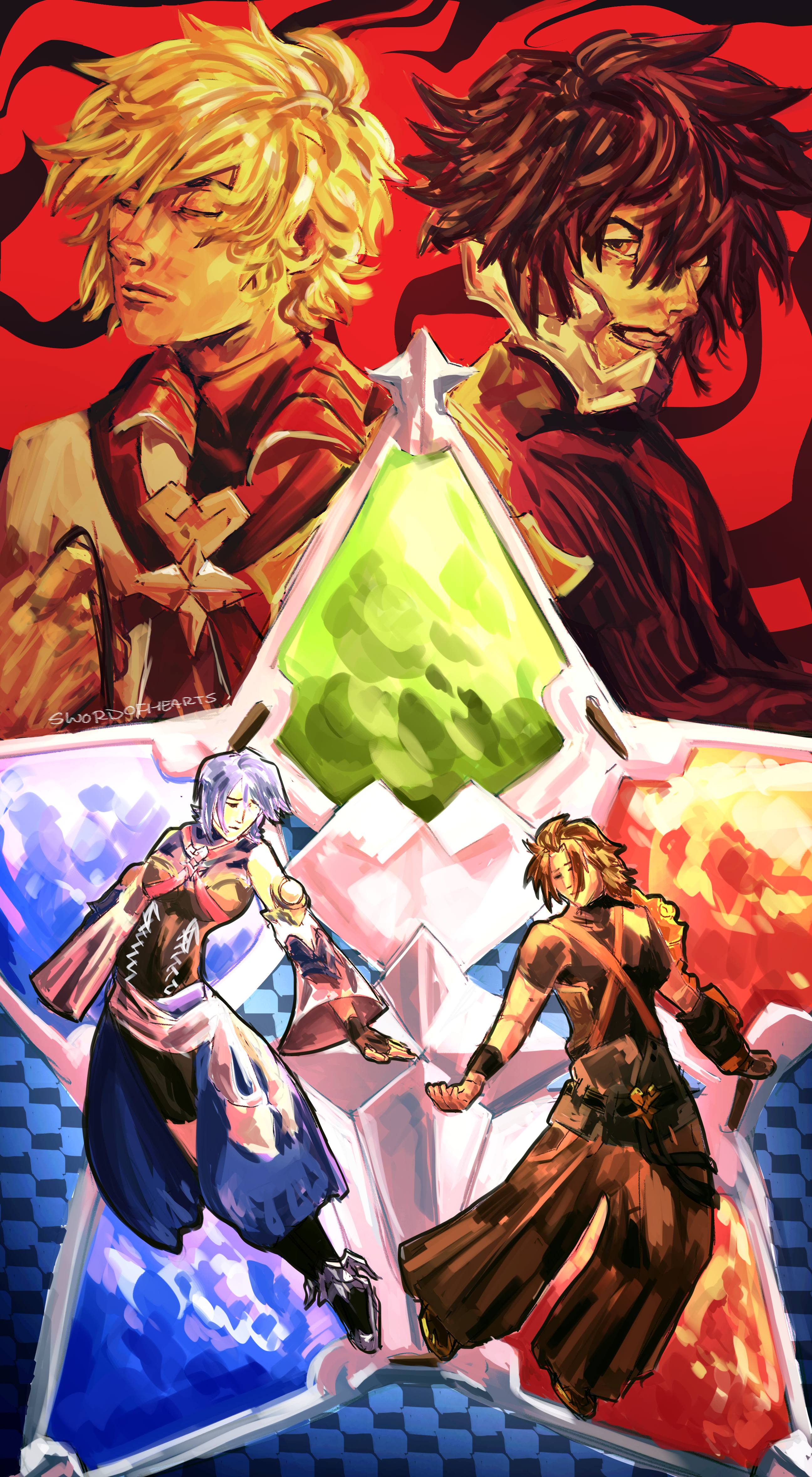 ventus and vanitas back to back, above a wayfinder, with aqua and terra reaching out to each other in front of it